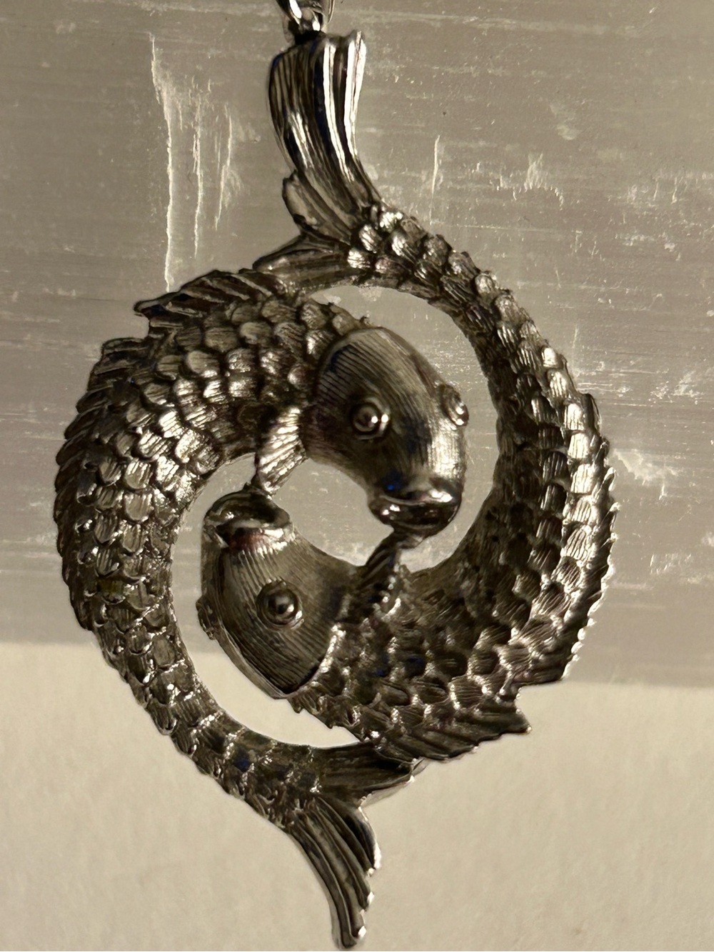 Necklace Vintage 2 Koi Fish, Pisces Zodiac, matte silver w chain